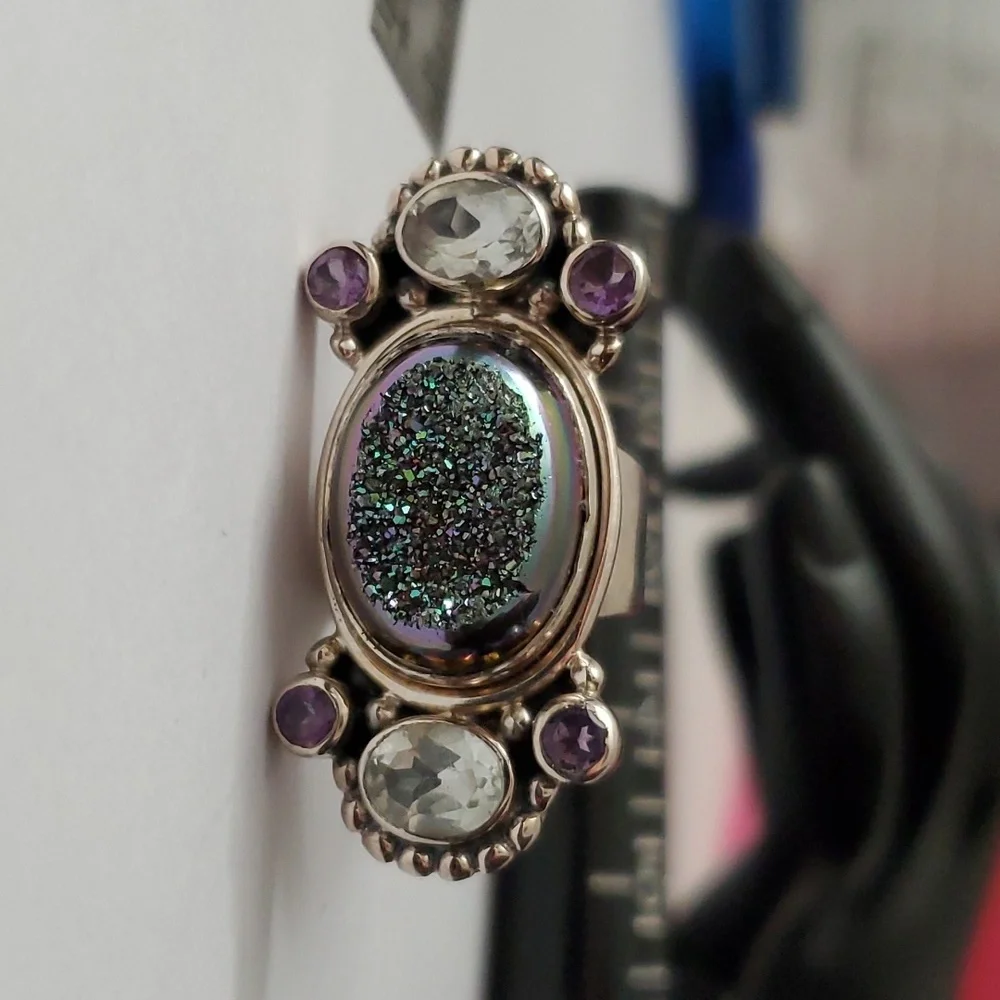 Signed Sterling Silver 925 Druzy Amethyst Topaz Statement Ring